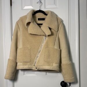 MINKPINK Faux Shearling Moto Jacket Cream Beige Teddy Lined XS/S Quiet Luxury